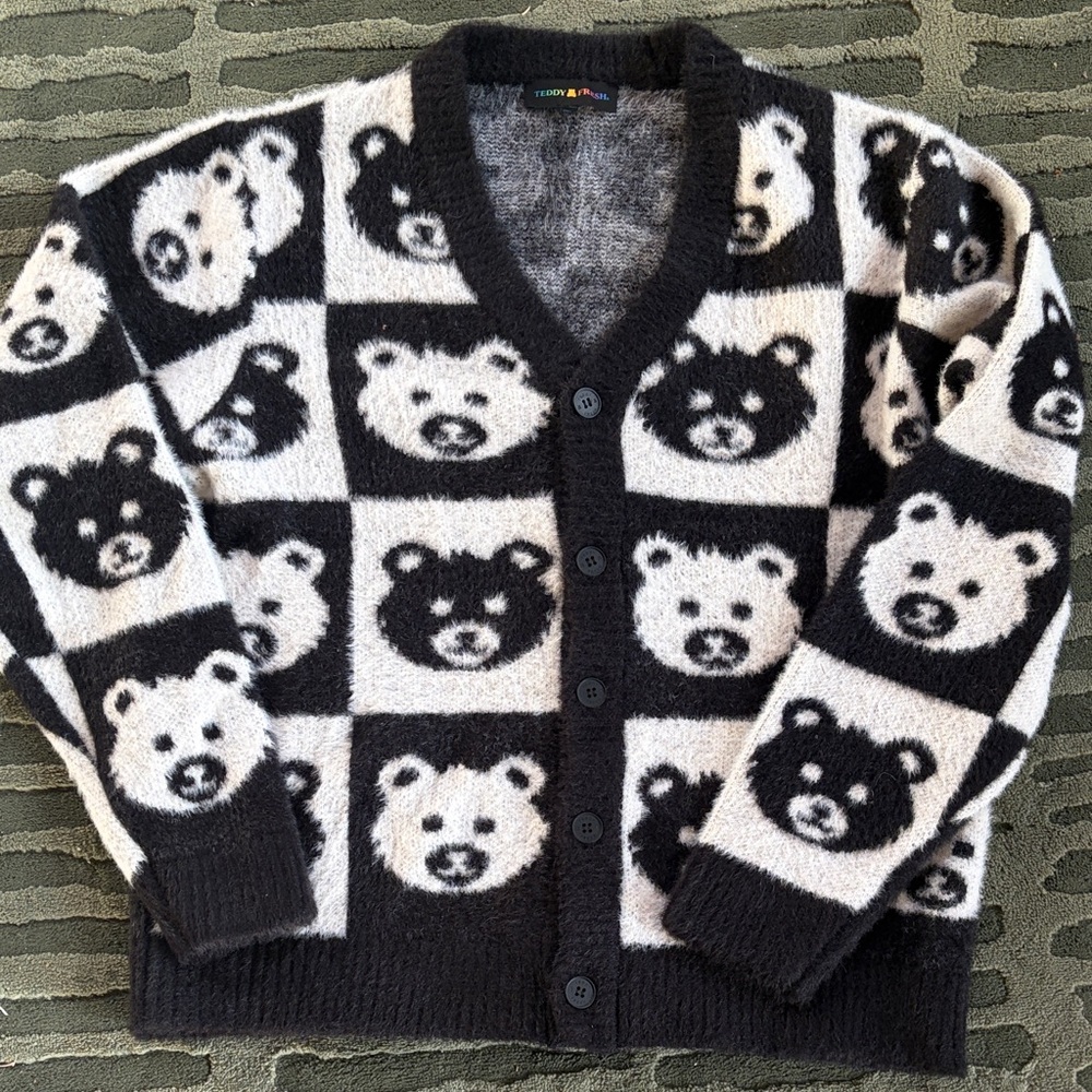 Brand New Teddy Fresh Black and White Checkered Bear Cardigan - Size Large